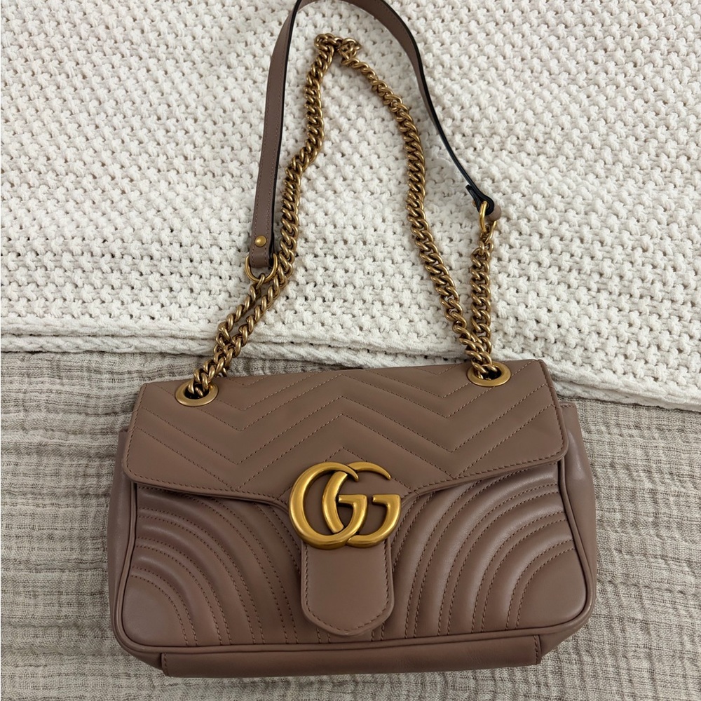 Gucci Quilted Double G Shoulder Bag - Taupe Brown with Gold Hardware